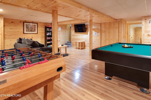 recreation room with wood walls, billiards, and hardwood / wood-style flooring