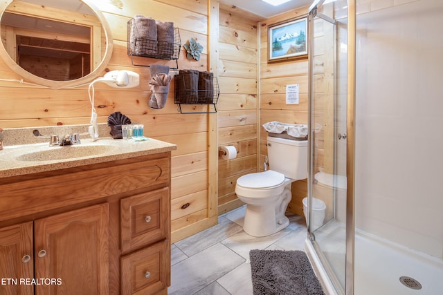 bathroom featuring tile patterned floors, wood walls, an enclosed shower, and toilet