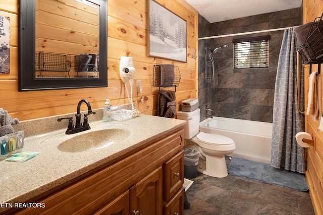 full bathroom featuring vanity, toilet, wooden walls, and shower / tub combo with curtain