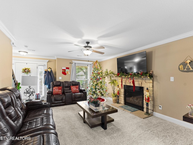 living room with carpet flooring, ceiling fan, ornamental molding, and a textured ceiling