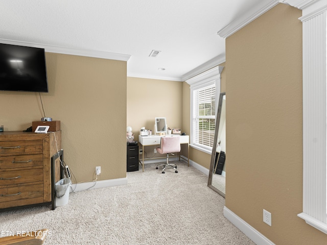 carpeted office space featuring crown molding