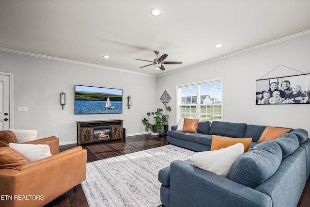 living room with dark hardwood / wood-style floors, ceiling fan, and ornamental molding