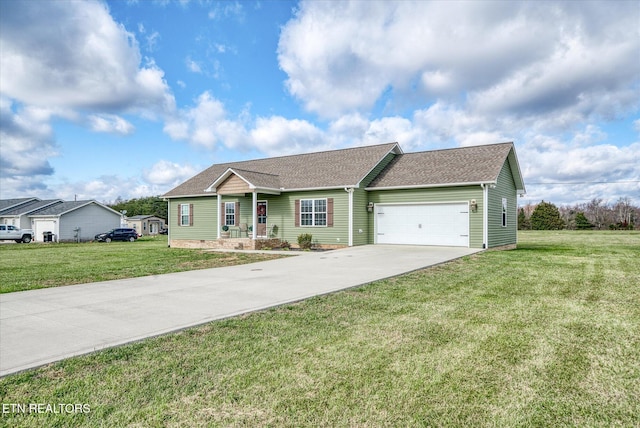 single story home featuring a front yard and a garage