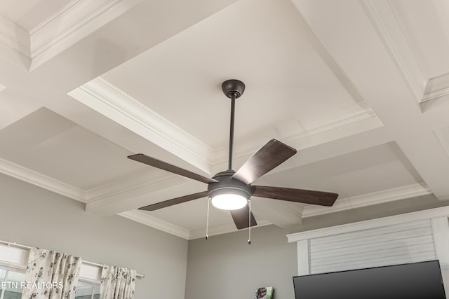 details featuring ceiling fan and ornamental molding