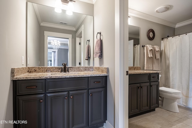 bathroom with ornamental molding, vanity, tile patterned flooring, a chandelier, and toilet