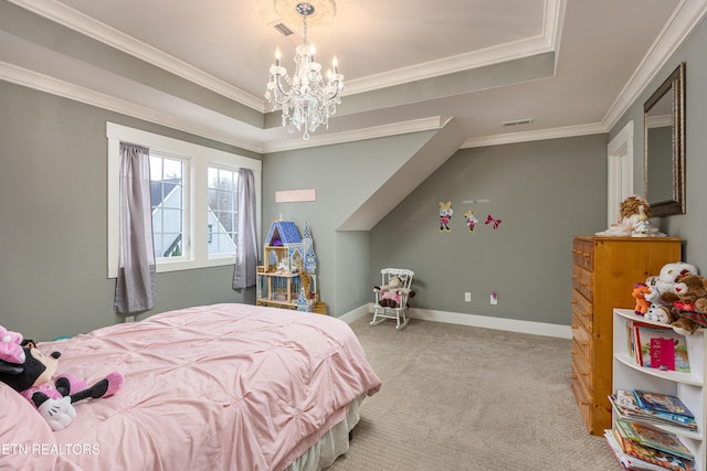 carpeted bedroom featuring a tray ceiling, an inviting chandelier, and crown molding