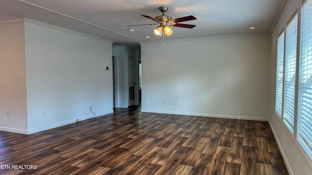 unfurnished room with dark wood-type flooring, crown molding, and ceiling fan