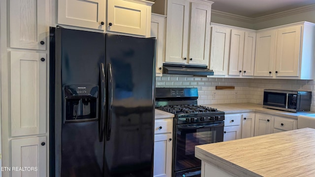 kitchen featuring white cabinetry, backsplash, black appliances, and crown molding