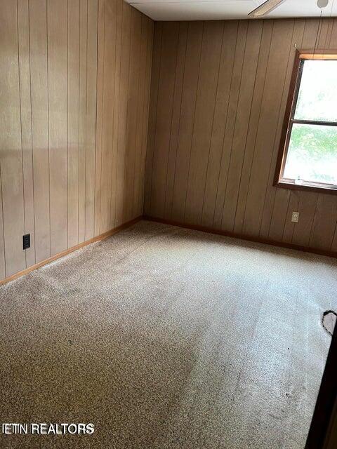 spare room featuring carpet, ceiling fan, and wood walls