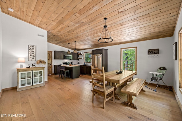 3719 Clabo Mountain Ln, Sevierville, TN 37862 - dining area with wood ceiling, vaulted ceiling, and light wood-type flooring
