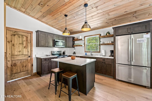 3719 Clabo Mountain Ln, Sevierville, TN 37862 - kitchen featuring stainless steel appliances, open shelves, lofted ceiling, wood ceiling, and dark brown cabinetry