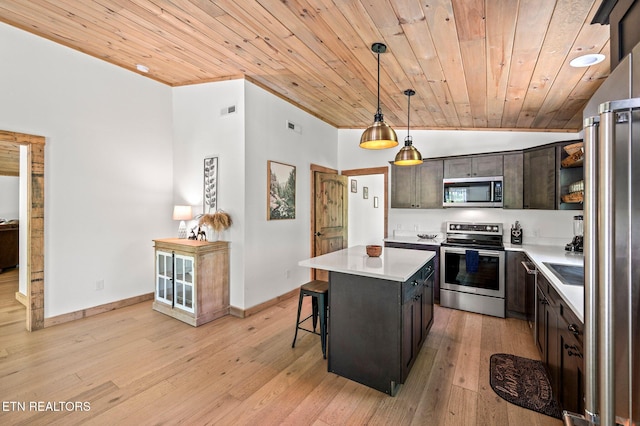 3719 Clabo Mountain Ln, Sevierville, TN 37862 - kitchen featuring stainless steel appliances, open shelves, wooden ceiling, a kitchen island, and light wood-type flooring