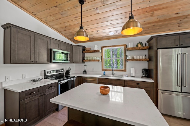 3719 Clabo Mountain Ln, Sevierville, TN 37862 - kitchen featuring stainless steel appliances, open shelves, wood ceiling, dark brown cabinets, and vaulted ceiling