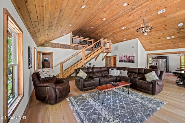 3719 Clabo Mountain Ln, Sevierville, TN 37862 - living room with plenty of natural light, recessed lighting, wooden ceiling, stairway, and wood finished floors