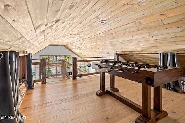 3719 Clabo Mountain Ln, Sevierville, TN 37862 - game room featuring lofted ceiling, hardwood / wood-style floors, and wooden ceiling