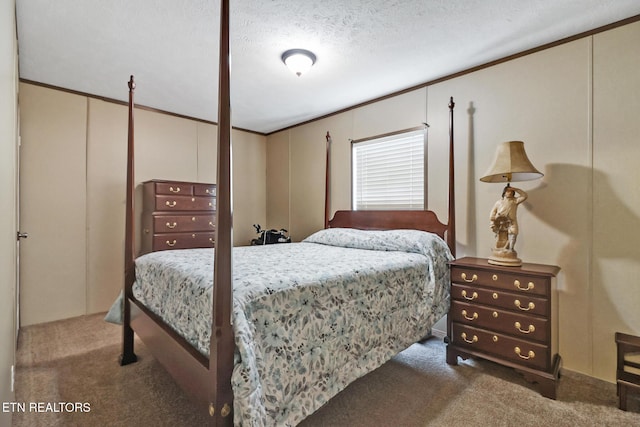 bedroom with carpet flooring and a textured ceiling