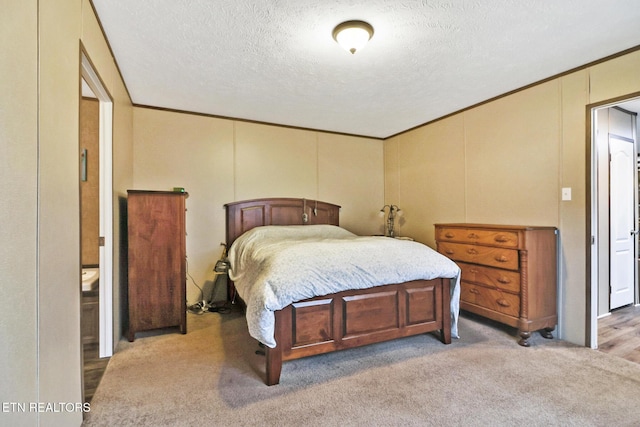 carpeted bedroom with a textured ceiling