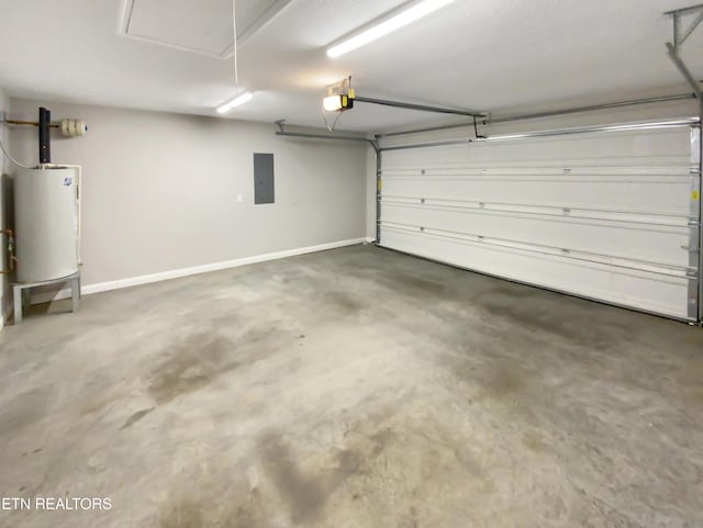 garage with electric panel, gas water heater, and a garage door opener