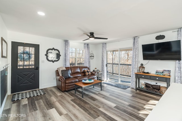 living room with hardwood / wood-style floors and ceiling fan