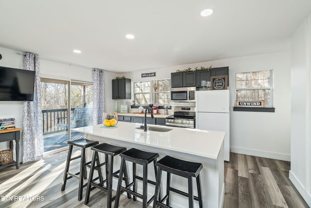 kitchen featuring appliances with stainless steel finishes, a breakfast bar, a kitchen island with sink, sink, and wood-type flooring