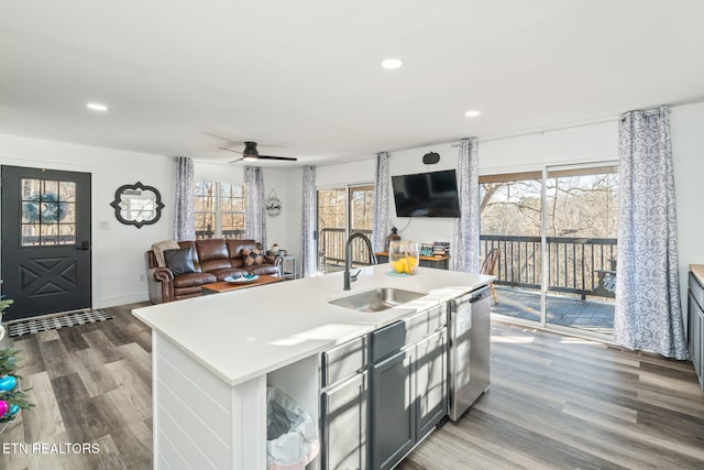 kitchen featuring ceiling fan, sink, stainless steel dishwasher, an island with sink, and hardwood / wood-style flooring