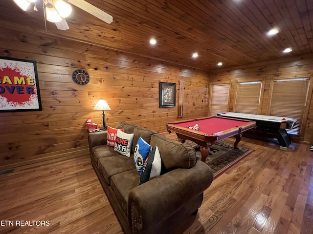 game room with wooden ceiling, wooden walls, billiards, ceiling fan, and wood-type flooring