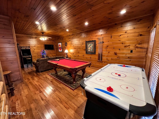 game room featuring ceiling fan, wooden ceiling, billiards, light hardwood / wood-style floors, and wood walls