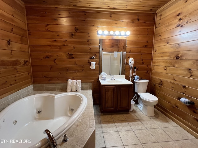 bathroom with vanity, wooden ceiling, wooden walls, a relaxing tiled tub, and toilet