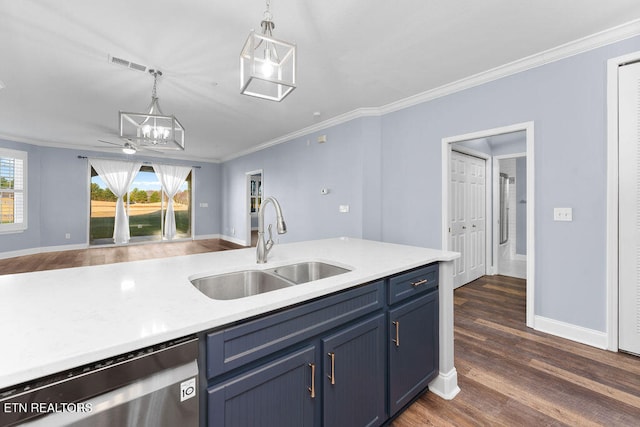 kitchen featuring stainless steel dishwasher, ceiling fan, sink, pendant lighting, and dark hardwood / wood-style floors