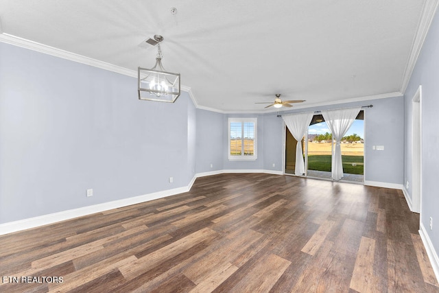 unfurnished room featuring ceiling fan with notable chandelier, ornamental molding, and dark wood-type flooring