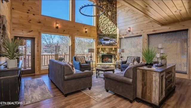 living room featuring wooden ceiling, a fireplace, high vaulted ceiling, and wood-type flooring