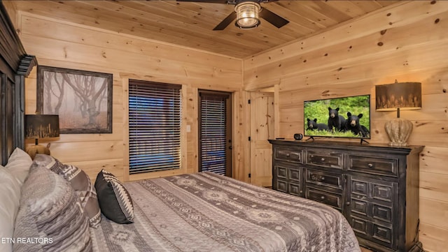 bedroom featuring wooden ceiling, ceiling fan, and wooden walls