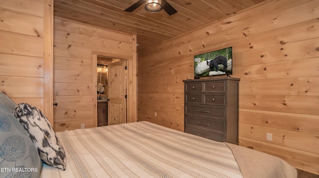 bedroom featuring wooden ceiling, ceiling fan, and wooden walls