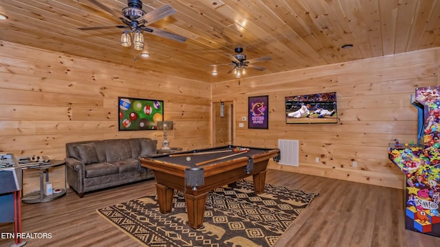 game room with hardwood / wood-style floors, wood walls, wood ceiling, and billiards