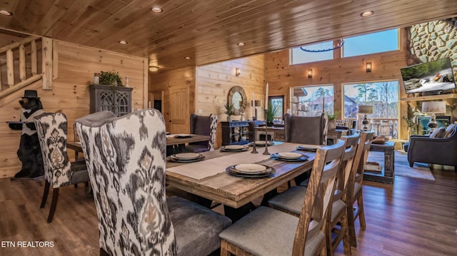 dining area with wooden ceiling, dark wood-type flooring, and wood walls