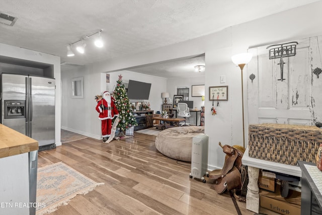 living room featuring wood-type flooring and a textured ceiling