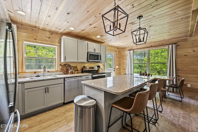 kitchen featuring pendant lighting, sink, a wealth of natural light, a kitchen island, and stainless steel appliances