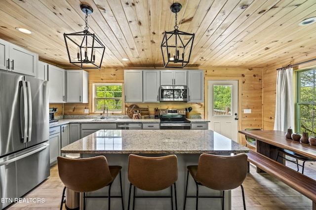 kitchen featuring a wealth of natural light, a kitchen island, and appliances with stainless steel finishes