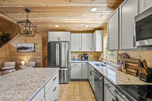 kitchen featuring sink, light hardwood / wood-style flooring, decorative light fixtures, wood ceiling, and stainless steel appliances