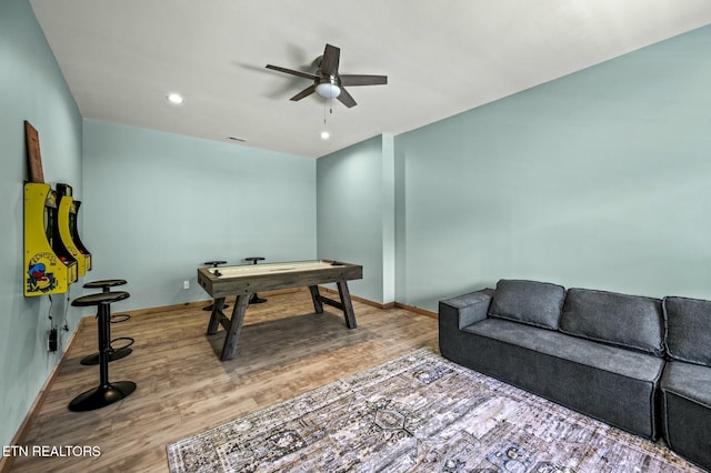 playroom featuring ceiling fan and wood-type flooring