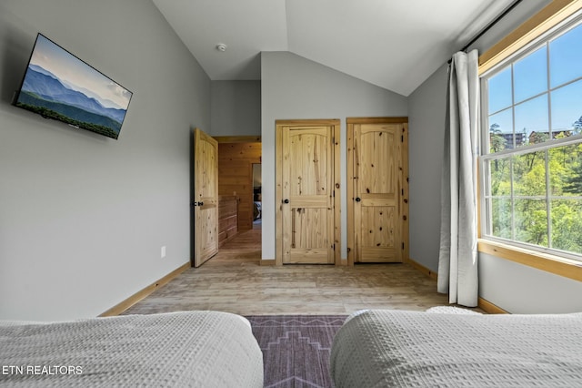 bedroom with light hardwood / wood-style flooring, multiple windows, and lofted ceiling