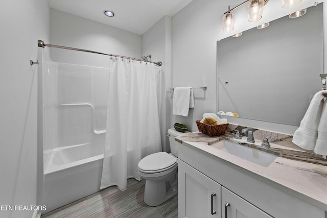 full bathroom with vanity, toilet, and shower / bathtub combination with curtain