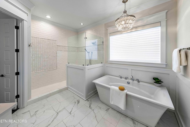 bathroom with crown molding, independent shower and bath, and a notable chandelier