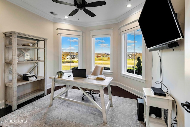 office space featuring hardwood / wood-style floors, ceiling fan, and ornamental molding