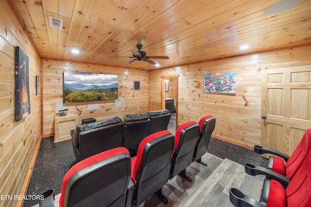 cinema featuring ceiling fan, wood ceiling, and wooden walls