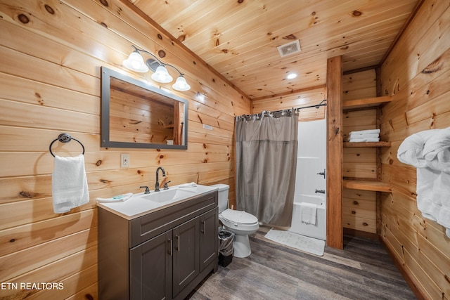 full bathroom with shower / tub combo, wood ceiling, vanity, wooden walls, and hardwood / wood-style flooring