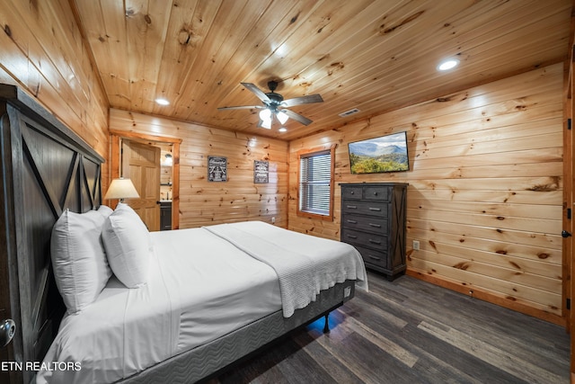 bedroom with wooden walls, ceiling fan, dark wood-type flooring, and wooden ceiling