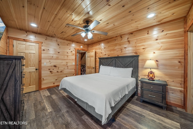 bedroom featuring wooden walls, ceiling fan, dark wood-type flooring, and wooden ceiling