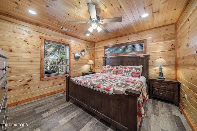 bedroom featuring dark hardwood / wood-style flooring, ceiling fan, wooden ceiling, and wood walls