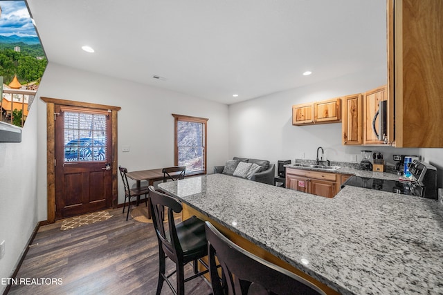 kitchen featuring a breakfast bar, sink, dark hardwood / wood-style floors, light stone counters, and stainless steel appliances